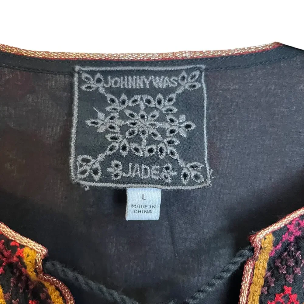 Johnny Was Jade Kimmy Smocked Floral-Print Peasant Top Embroidered Velvet Trim L